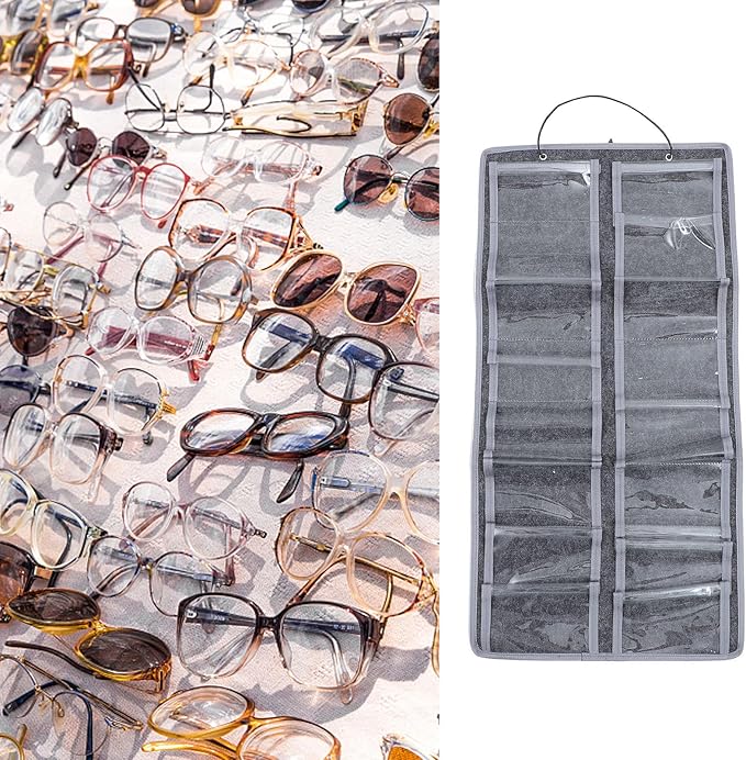 Healeved Felt Fabric Wall Hanging Glasses Storage Pouch Dustproof Eyewear Organizer Bag for Sunglasses with Hanging Hook Suitable for Household and Travel Use in Medium Gray