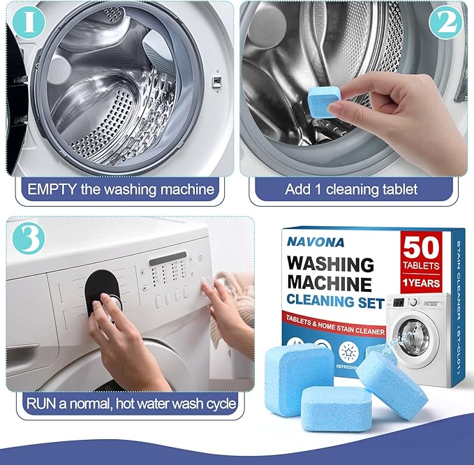 Navona 50 Pack Washing Machine Cleaner Tablets, Deep Cleaning Descaler for Front & Top Load HE Washers, Residue, Grime, and Odors Remover, Pet Owner Friendly