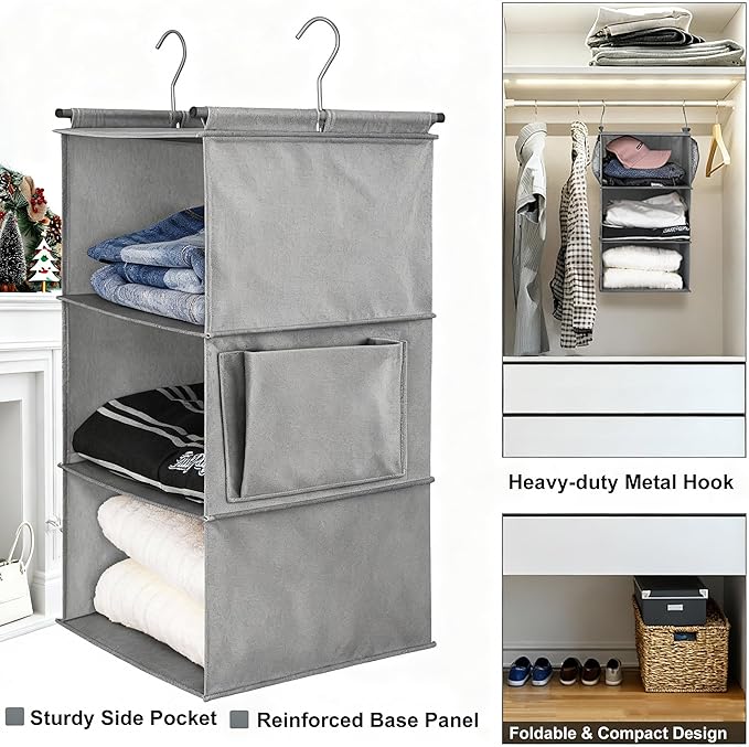 3-Tier Hanging Closet Organizer - Foldable Hanging Shelves for Closet, Space Saver Storage for Clothes, Sweaters, Shoes, Handbags & Accessories, Easy Setup, Grey