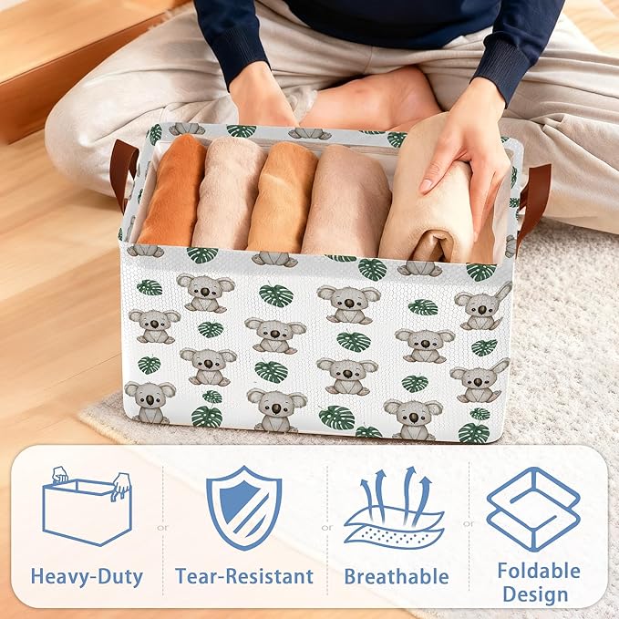 Cute Koala Storage Basket,Palm Leaf Collapsible Storage Bin Cubes for Living Room Bedroom Blankets Home Storage 17x11.5x10Inch