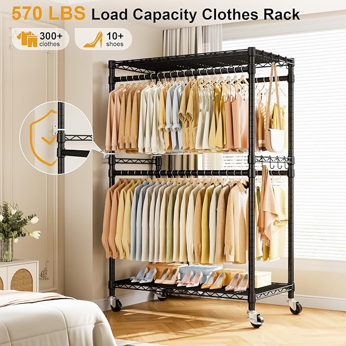 ULIFHOME P4 Plus Rolling Clothes Rack Heavy Duty, Clothing Racks for Hanging Clothes, Free Standing Garment Racks with Wheels, Portable Closet Rack 45''W × 20.5''D × 80.5''H, Max Load 570 Lbs, Black