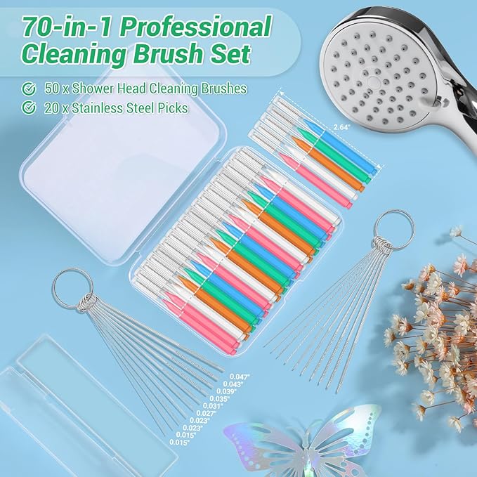 70-in-1 Shower Head Cleaner Kit - 50 Micro Brushes + 20 Steel Picks for Clogged Nozzles, Stanley Cups, 3D Printers, Faucets -Each Tools Storage Case, Tiny Hole Unclogging Tool