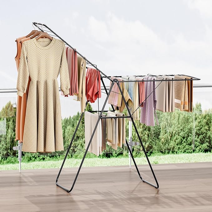 APEXCHASER Clothes Drying Rack, Foldable Oversized Drying Rack Clothing with U-Shaped Foot Cover, Height-Adjustable, Multi-Bar Laundry Rack, Indoor Outdoor Use, 20.47" D x 70" W x 42.52" H, Jet Black