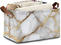 White Gold Marble Storage Baskets,Foldable Large Capacity Organizer Bins with Waterproof Lining and Leather Handles for Closet,Shelf,Bedroom 17x11.5x10Inch