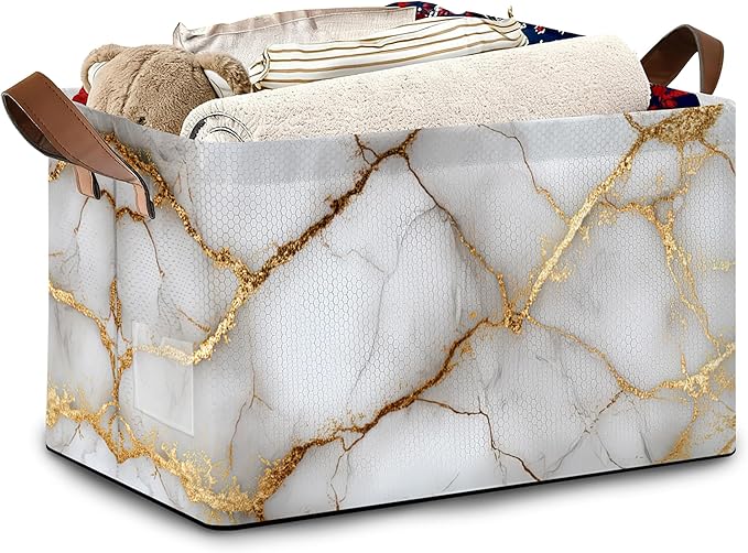 White Gold Marble Storage Baskets,Foldable Large Capacity Organizer Bins with Waterproof Lining and Leather Handles for Closet,Shelf,Bedroom 17x11.5x10Inch
