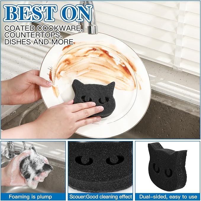 Tioncy 12 Pack Black Cat Sponges Bulk Dual Sided Scrubber Sponges Dishwashing Non Scratch for Cat Kitchen Accessories Dish Scouring