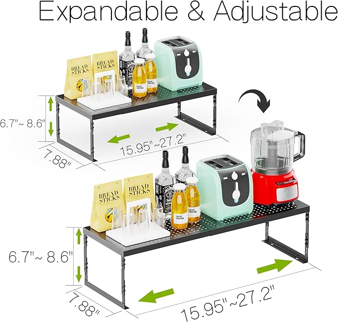Jojocross Adjustable Stackable Metal Storage Shelf Organizer - Expandable Wire Rack with Perforations for Kitchen, Pantry, Bathroom, Cabinet & Office-Compact, Durable & Sturdy (1PACK/Medium/Black)