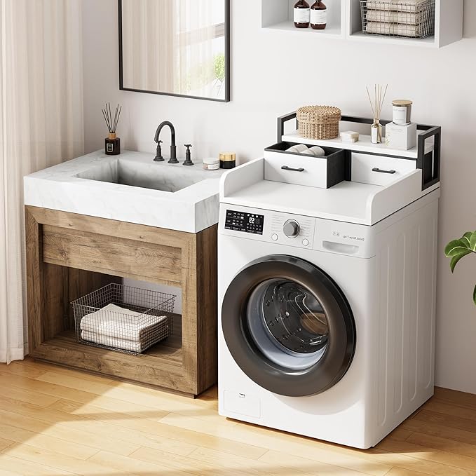 2-Tier Washer Dryer Countertop, Washing Machine Countertwith Shelf and 2 Drawers, Washer and Dryer Topper with High Guardrails, Smooth Edges, for Laundry Hamper Counter Storage Organization