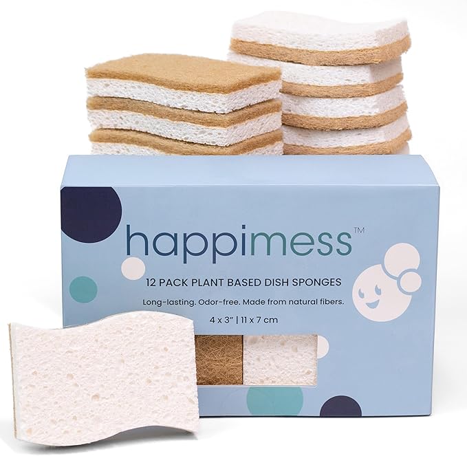 happimess WPE2000A-12SET Natural Plant Based Non-Scratch Sisal Hemp/Cellulose Scrubbing Dish Sponge, Cleaning Sponge for Dishes, Bathroom, Household, Beige/White (Set of 12)