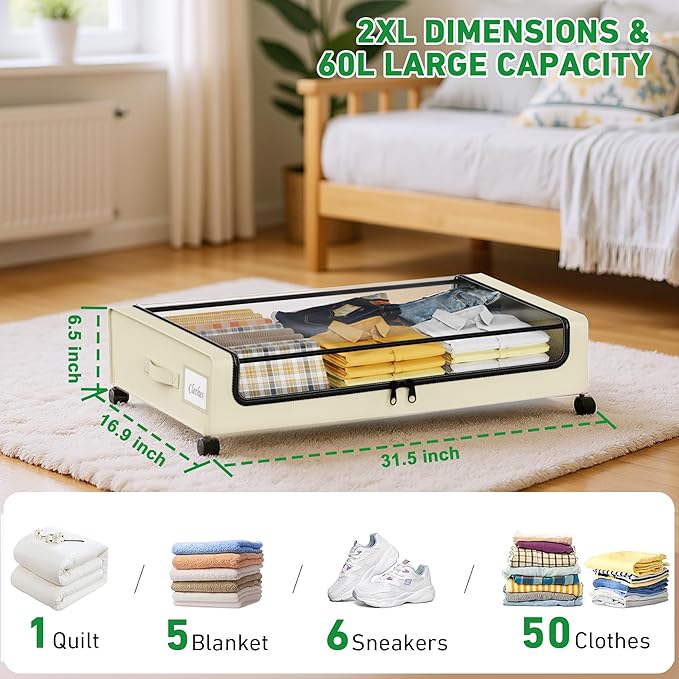 Beborxue Under Bed Storage with Wheels, 2-Pack Under the Bed Storage Containers with Lids, XXL 60L Under Bed Shoes Storage Organizer Bins, Rolling Underbed Storage for Clothes, Shoes, Blankets (Beige)