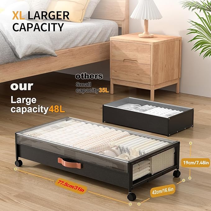 Under Bed Storage Containers with Wheels Large Underbed Shoes Blankets Clothes Toy Storage Drawers for College Dorms Bedrooms Nursery Rooms Organization (Black 2 Pack, 7.5in height(31"x16.6"x7.48"))