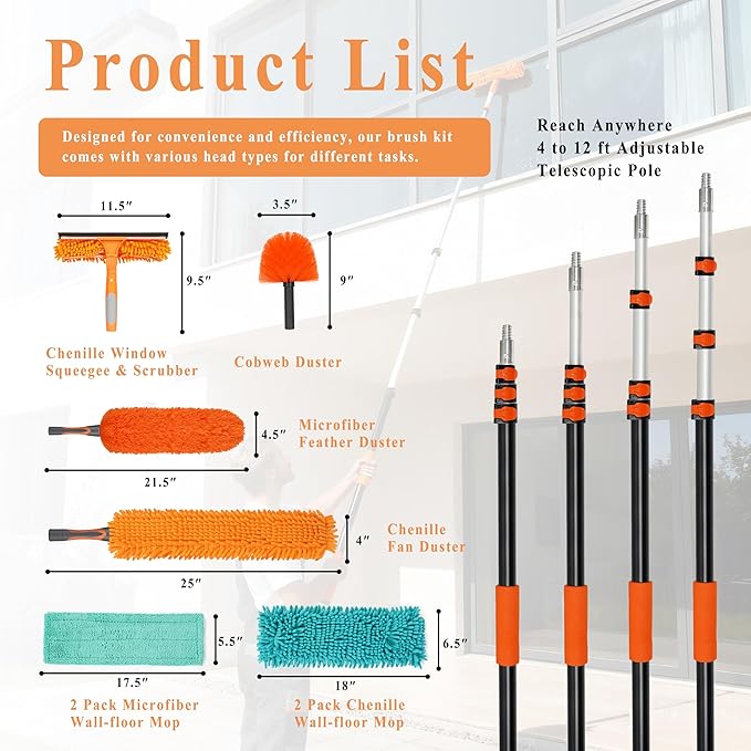 20ft High Ceiling Duster Kit with 4-12ft Heavy-Duty Extension Pole, Cobweb Duster, Ceiling Fan Duster, Window Squeegee & Cleaner, Microfiber Duster, Wall Mop for Home High Reach Cleaning