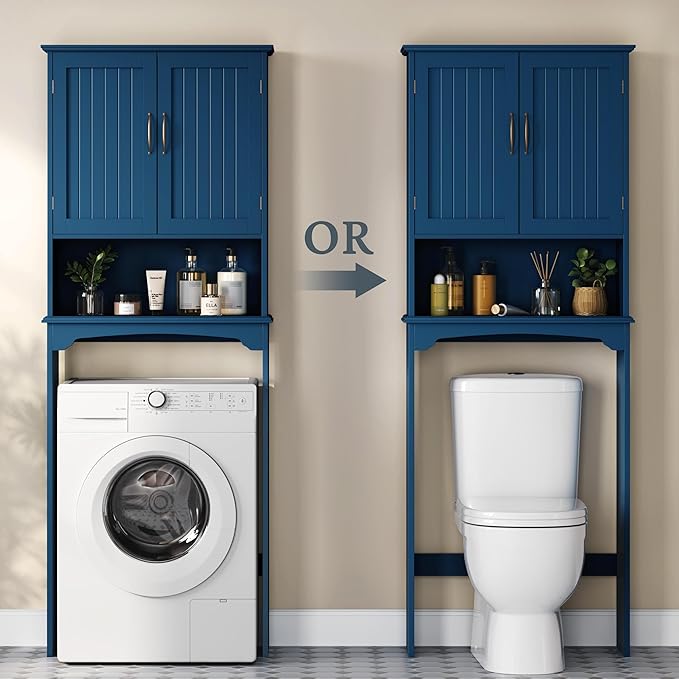 Yaheetech Over The Toilet Storage with 2 Doors & Adjustable Shelf, Free Standing Toilet Rack Wooden Space-Saving Collect Cabinet, Bathroom Furniture, L24.5xW9xH66 in, Navy Blue
