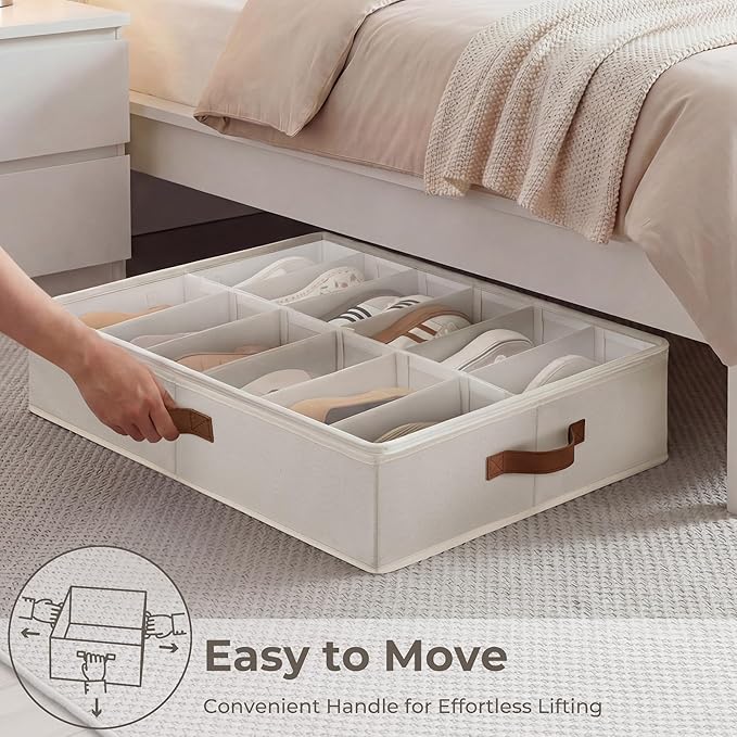 StorageWorks Shoe Organizer for Closet, Fits up to 24 Pairs, 2-Pack Ultra-thick Fabric Under Bed Shoe Storage Containers with Bottom Support and Adjustable Dividers, Beige