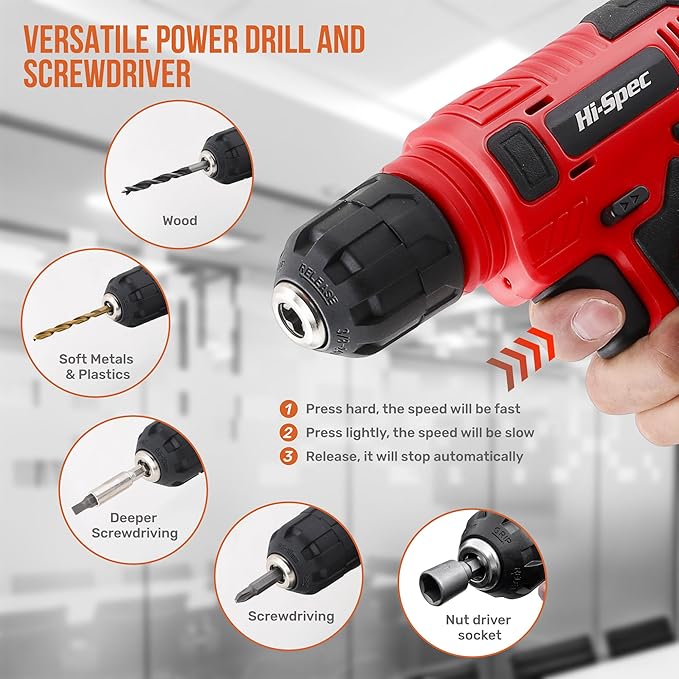 Hi-Spec Tool Set with 8V Cordless Drill Set. Complete DIY Tool Kit with USB Rechargeable Electric Drill Driver for Women and Men, Home Repair & Maintenance, in a Compact Toolbox.