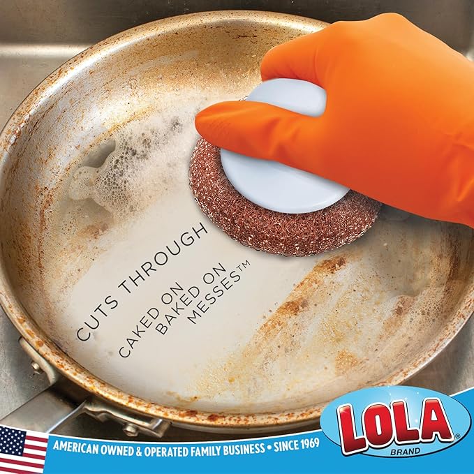 LOLA Copper Mesh Scouring Pad w/Comfort Knob, Heavy Duty Cleaning Pads, Knitted Wire Mesh, Cleans Caked-On & Baked-On Messes