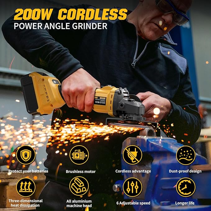 Angle Grinder 4-1/2" Brushless for Dewalt 20V Battery, 6 Variable Speed Power Grinder, Cordless Angle Grinder Power Tools For Cutting Grinding Polishing (Tool Only)