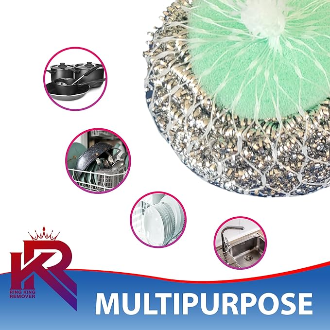 Amazon Brand | Pack of 4 | Ring King Stainless Steel-Wrapped Sponge Scrubbers | Heavy Duty Scouring Pads - Individually Wrapped for Dishes Pots, Pans, and Ovens