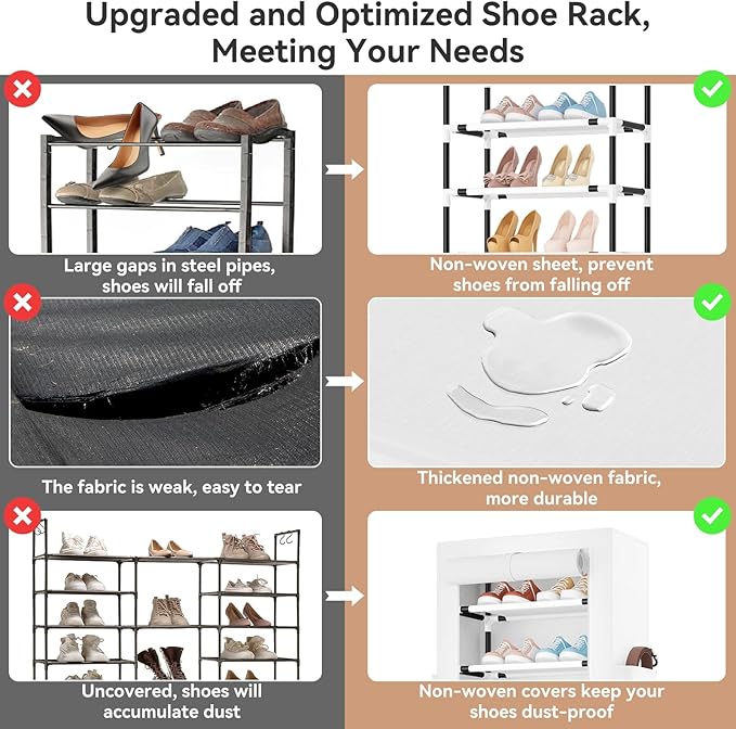 ROJASOP Shoe Rack with Covers 10 Tier Large Shoe Organizer Tall Shoe Closet Storage for 20-22 Pairs Shoe and Boot, Free Standing Shoe Rack Organizer for Closet, Entryway, Bedroom, White