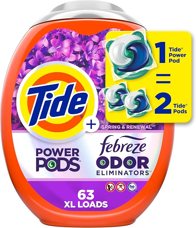 Tide Power Pods with Febreze Laundry Detergent Pacs, 63 Count, Spring & Renewal Scent, All-Day Freshness