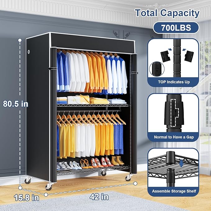 ULIFHOME P8C Pro Heavy Duty Clothes Rack（With Extended Width Design） Rolling Clothing Racks for Hanging Clothes with Lockable Wheels，42" W x 15.8" D x 80.5" H，Load 700LBS，Black Rack with Black Cover