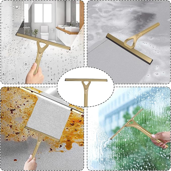 8.9x8.7inch Gold Stainless Steel Shower Squeegee Window Squeegee with Hanging Hook - Glass Wiper Squeegeer Cleaning Tool for Clean Ceramic Tile,Shower Door, Mirror,Window,Car Glass,Table Top