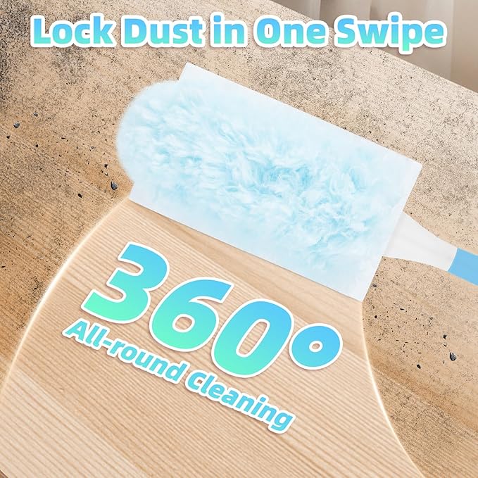 30 Count Light Blue Duster Refills Compatible with Swiffer Handle, 360° Multi-Surface Duster Refills with 1 Handle, 5X Microfibers Disposable Dusters for Home, Office Cleaning