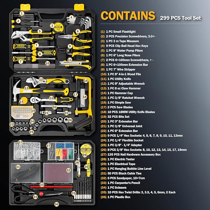 DOWELL 299-Piece Professional Hand Tool Set, Ultimate Drawer Toolbox with Sockets, Pliers, Hex Keys, Screwdrivers for Home, Auto Repair, Workshop & Emergency DIY