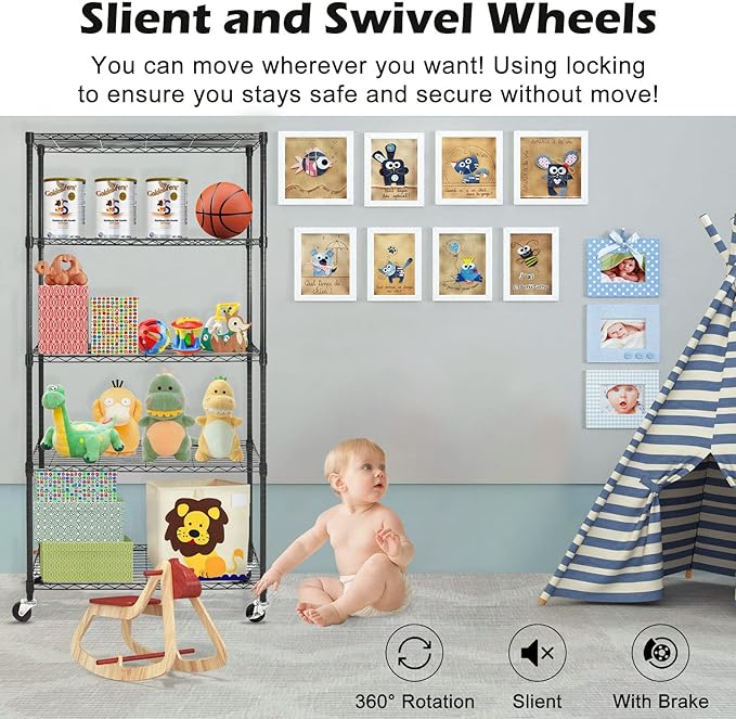 WDT 5 Tier Shelf Shelving Unit with Wheels,Adjustable Metal Shelves for Storage, NSF Wire Shelving Rack,350lbs Loading Capacity Per Shelf Storage Shelves for Kitchen Garage, 36" D x 16" W x 75" H