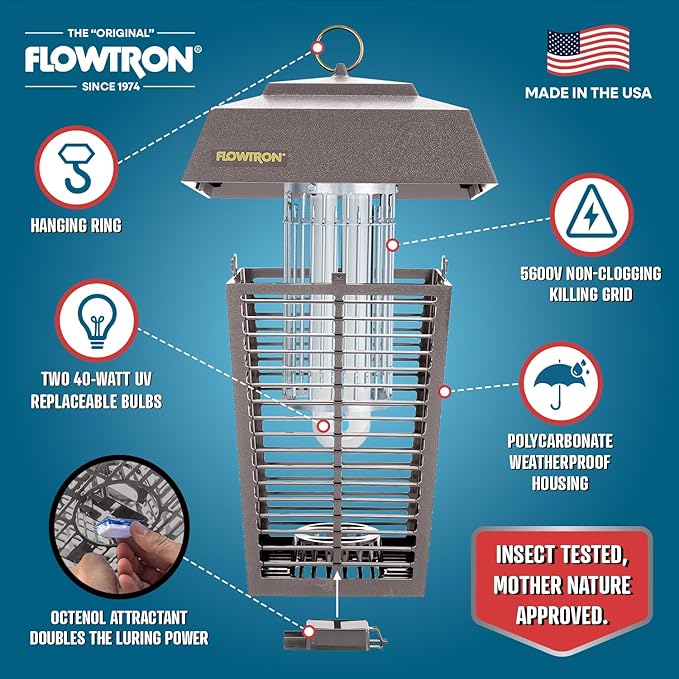 Flowtron Bug Zapper, 1-1/2 Acre of Outdoor Coverage with Powerful 80W Bulb & 5600V Instant Killing Grid, Electric Insect, Fly & Mosquito Zapper, Made in The USA, UL Certified - Grey Color