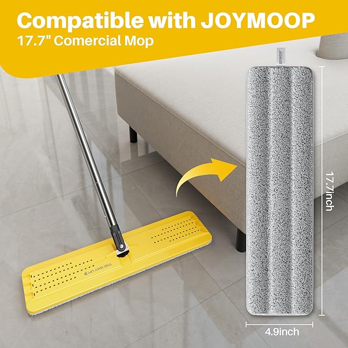 JOYMOOP 17.7-Inch Microfiber Flat Mop Replacement Pads – Washable Reusable Grey & Stripe, Pack of 2 Wet & Dry Refill for JOYMOOP Flat Mop & Mop Bucket Set