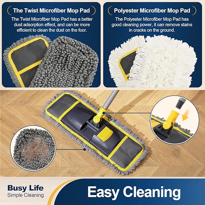 Yocada Dust Mop for Floor Cleaning with 2 Different Mop Pads (in Total) Wet & Dry for Hardwood Ceramic Marble Tile Laminate Home Kitchen 51in Long