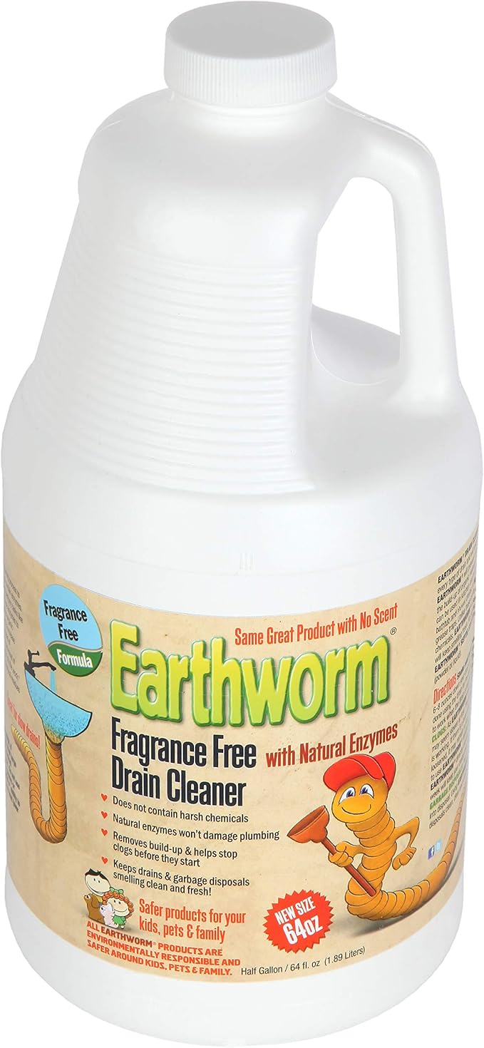 Earthworm Fragrance Free Drain Cleaner - Drain Opener - Natural Enzymes, Environmentally Responsible, Safer for Pets and Kids - 1 Half Gallon, 64 oz