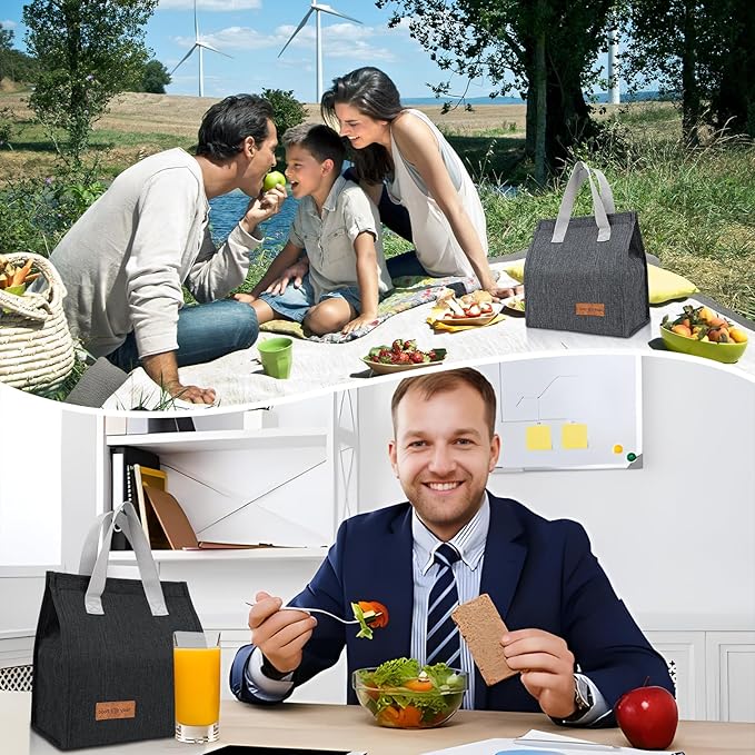 VZZNN 24 Pack Lunch Bags Bulk,Insulated Reusable Lunch Bags with Aluminum for Women Men,Leakproof Tote Large Lunch Box for Office,Work,Beach or Travel,Black