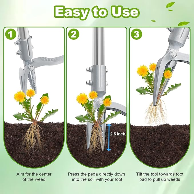 Weed Puller Tool with Gloves, Manual Stand Up Weeding Picker Tool, Heavy Duty Weeder Remover Tool with 4 Claw Steel Head for Garden, Yard, Lawns, Sidewalk, Grass