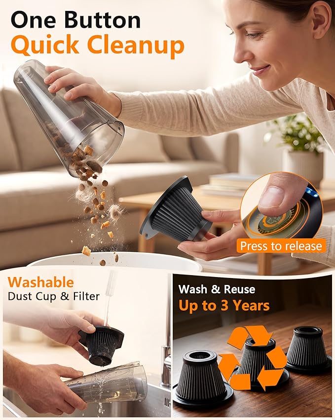 15-Minute Fast Cleaning 120㎡ Rooms Handheld Vacuum Cordless - 16000Pa Strong Suction Brushless Motor Portable Vacuum - 1000mL Dust Cup One-Touch Emptying No Mess - Ease Use for Debris Hair Cat Litter