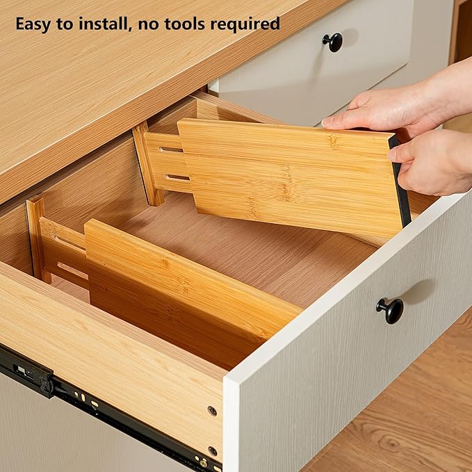 Fabsome Dresser Drawer Organizers 6 Pack, 4.65'' High Adjustable from 12.5-17‘’ Bamboo Drawer Dividers for Clothing Baby Clothes, Wooden Separators for Dresser Nursery Organization with Soft Foam Ends