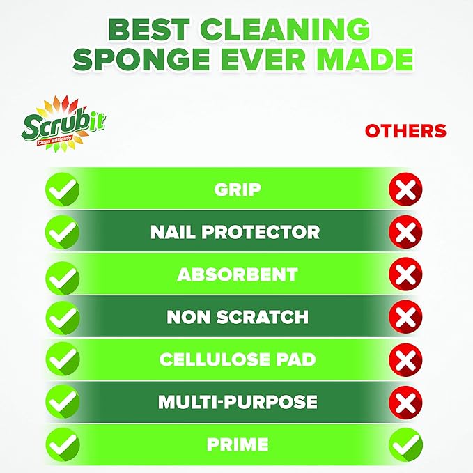 Scrub Sponge by Scrubit –Multipurpose Cellulose Cleaning Sponges with Non Scratch Scouring Pad for Dishes, Pots, Pans, Glass Cooktop - Super Absorbent - Unique Shape to Protect Nails: 12 Pack