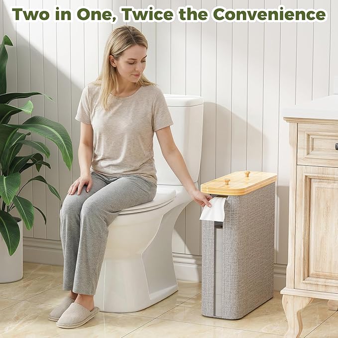 42L Toilet Paper Basket with Bamboo Lid, Toilet Paper Storage with Toilet Paper Holder & Non-Slip Mat for Bathroom Organizer, Holds up to 19 Regular Rolls or 14 Mega Rolls, Collapsible & Stackable