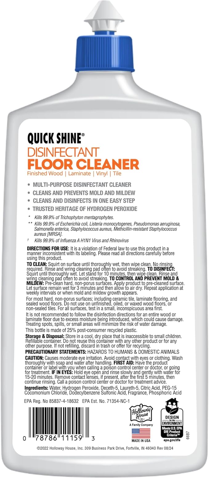 Quick Shine Disinfectant Floor Cleaner 27oz | Hospital Level Disinfectant Kills 99.9% Germs & Bacteria | Cleans w/Power of Hydrogen Peroxide & No Harsh Chemicals | Streak Free & Zero Residue
