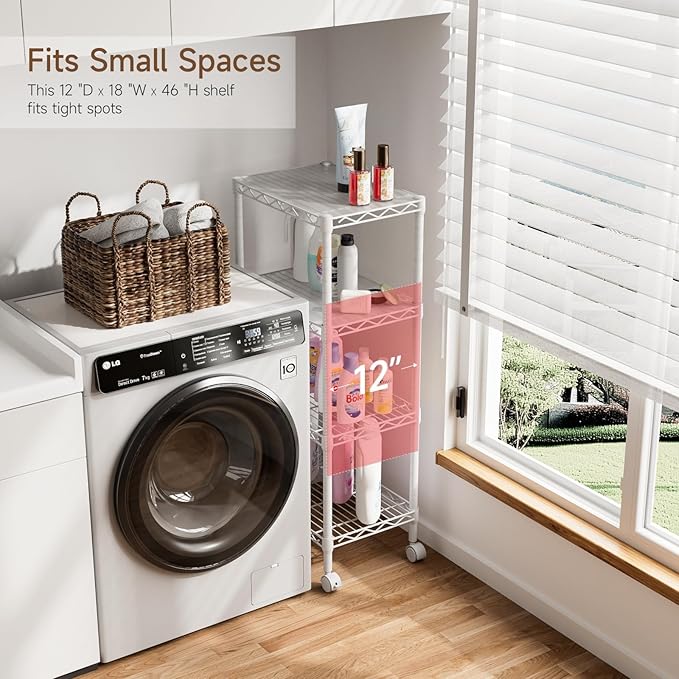 Golpart 4 Tier Adjustable Storage Shelves Metal Utility Shelf Wire Shelving Unit Organizer Rack for Home Kitchen Office Bathroom Pantry Room 12" D x 18" W x 44" H