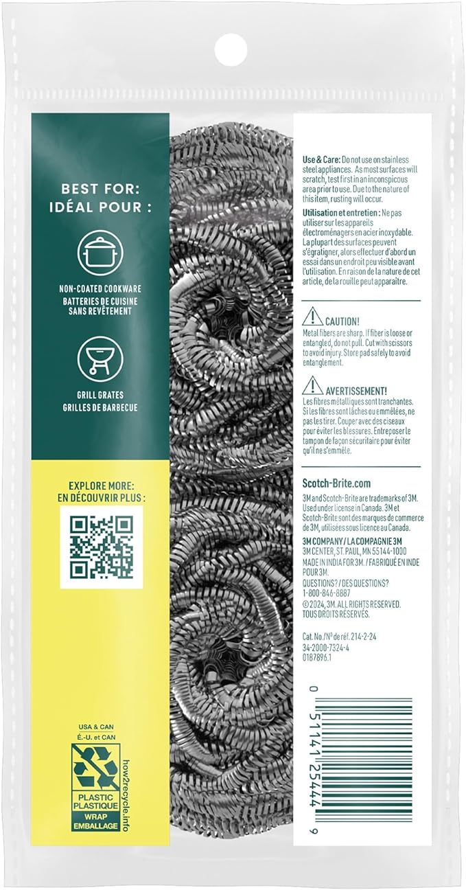 Scotch-Brite Stainless Steel Scrubbers, Scouring Pads for Cleaning Tough Baked-On Messes, Metal Scrubbers for Cleaning Dishes, 48 Scrub Pads