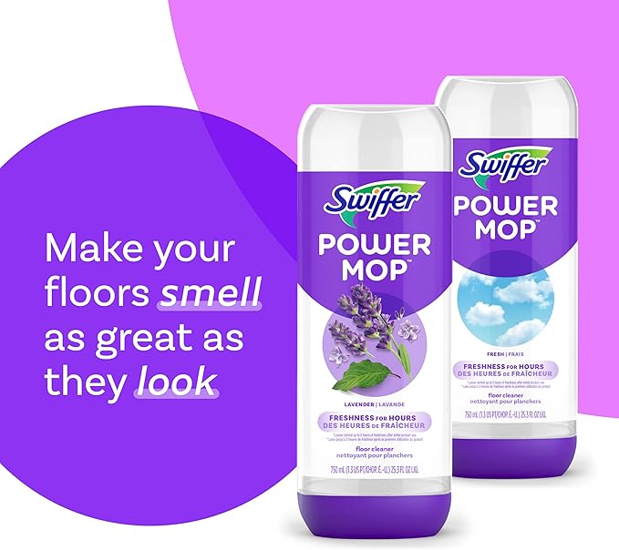 Swiffer Power Mop Refill Pack, Floor Cleaner for Mopping Tile, Vinyl, Laminate, Wood in Home, Bathroom, Kitchen, All Purpose Multi-Surface Cleaning, 5 Pads + 1 Lavender Solution