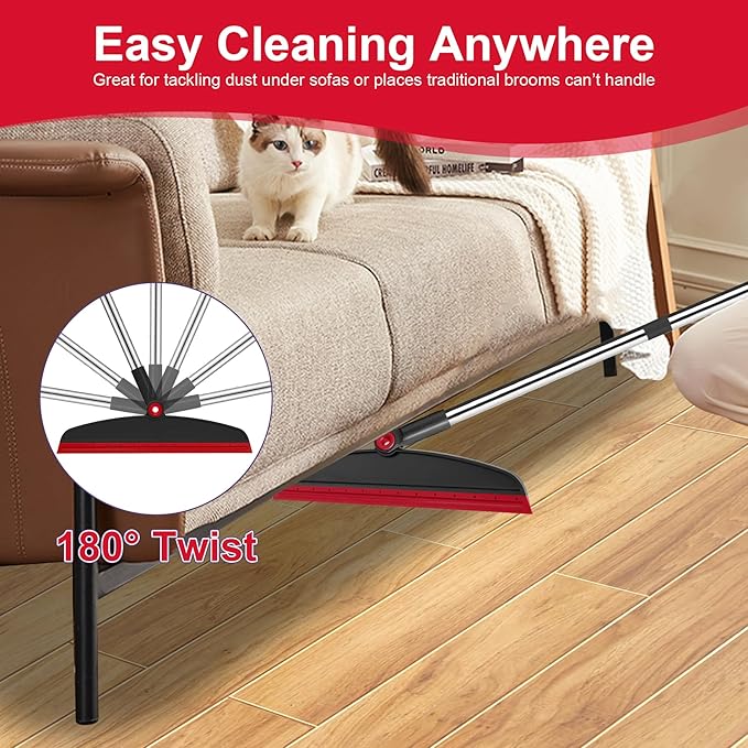 Broom with Dustpan Combo Set and Silicone Air Broom Kit, 51" Long Handle Floor Squeegee, Red Household Kit for Glass Window Rugs Pet Hair Home