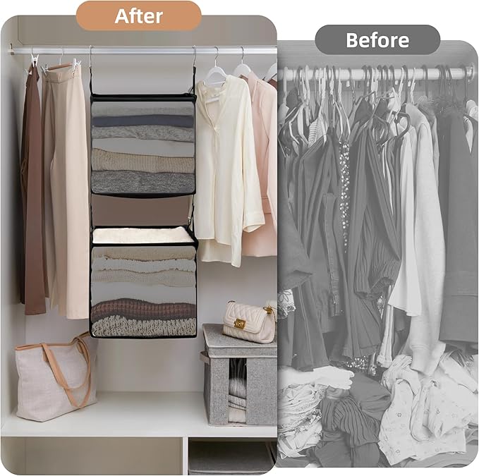 STORAGE MANIAC 2-Shelf Hanging Closet Organizer, Cloth Hanging Closet Shelf, Hanging Closets Baskets with Hooks for Dorm, Apt, Bedroom, College, Garment Rack, Wardrobe, Fabric with Mesh, Black