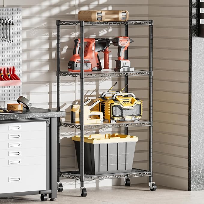 SINGAYE 4 Shelf Storage Wire Shelves Closet Bathroom Organizers Metal Pantry Kitchen Garage Shelving Unit Laundry Room Organization Home Narrow Rack Net Basket with Wheels Black