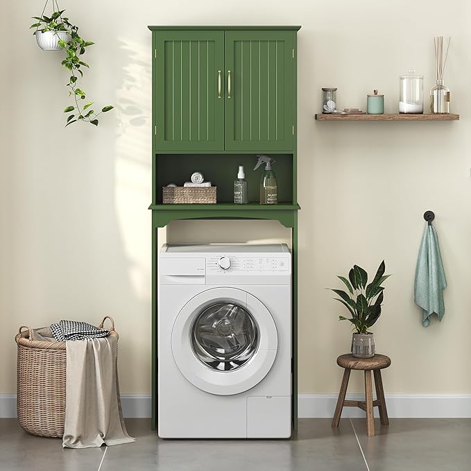 Yaheetech Over The Toilet Storage Cabinet, Over Toilet Cabinet with Adjustable Shelf, Bathroom Storage Organizer with Double Wood Doors, Green