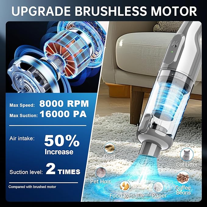 dormzie Handheld Vacuum Cordless, 16000Pa Powerful Suction, Lightweight at 1.3 lbs, Rechargeable Car Vacuum Cleaners for Home Office Car Pets with Brushless Motor, Multiple Accessories