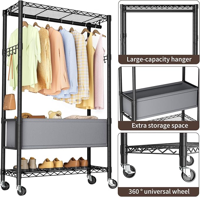 Heavy Duty Clothes Rack Rolling Garment Rack,3 Tier Adjustable Wire Shelving Clothing Racks for Hanging Clothes with Double Rods&Side Hooks,Freestanding Wardrobe Storage Rack Metal Portable Closet