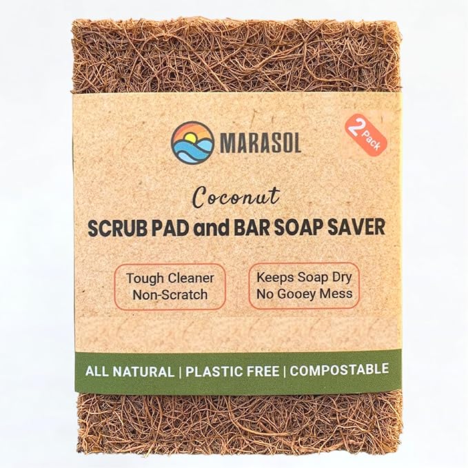 Marasol Soap Saver and Scrub Pad (2) | Coconut Fiber - Compostable | Plastic Free - Zero Waste | Bar Soap Holder | Tough Non-Scratch Scour Pad | Vegetable Brush | 2-Pack